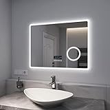 EMKE Espejo de Baño LED 80 x 60 cm, con Interruptor Tactil + Antivaho + Bluetooth + Reloj + Lupa 3 Veces + Luz Blanca Fria 6500K Espejo Baño Espejo de Pared (Topi L)