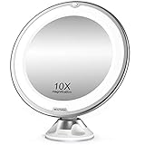 Beautural Espejo Aumento 10X de Baño, Espejo Maquillaje con luz LED, Giratorio y Ventosa de Pared, a Pilas(No Incluidas)
