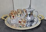 Juego de té marroquí Completo, Tetera con Filtro Integrado 36oz + Bandeja con asas 46cm + 6 Vasos de cristal (med)