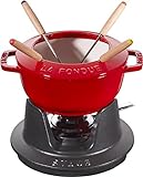 STAUB Set de fondue con 4 tenedores, Apto para fondue de queso, chocolate y carne, Hierro fundido, Rojo cereza, 16 cm