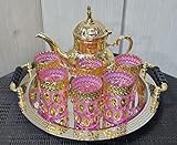 Juego de té marroquí Completo, Tetera 1200 ml, Bandeja de 34 cm diámetro con asas y 6 Vasos rosa